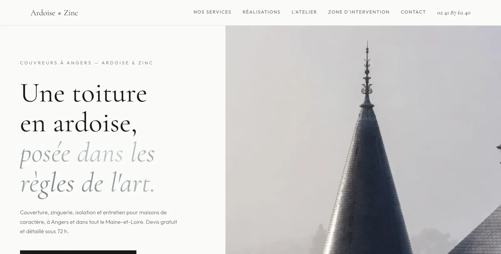 Aperçu du site Ardoise & Zinc : page d'accueil minimaliste et luxueuse