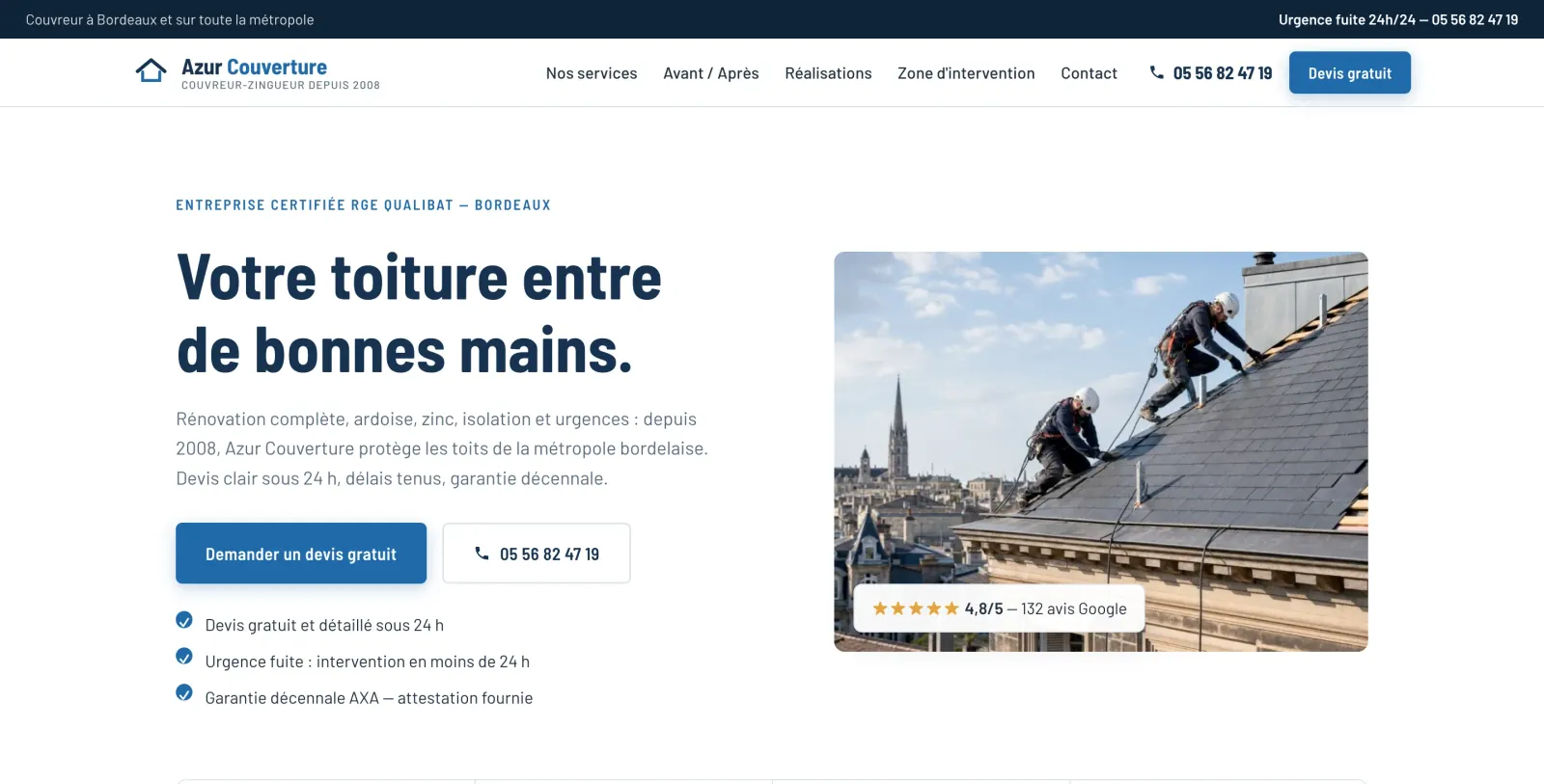 Aperçu du site Azur Couverture : page d'accueil claire et professionnelle